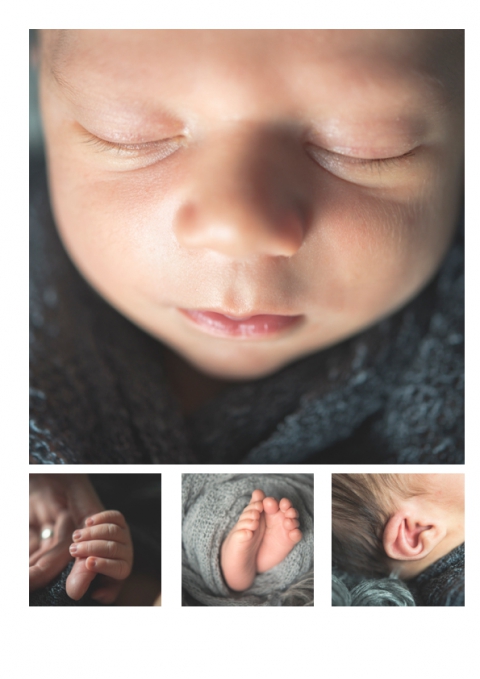 Bildkomposition mit Details vom Baby, Augen, Nase, Händen und Füße und Ohr.
